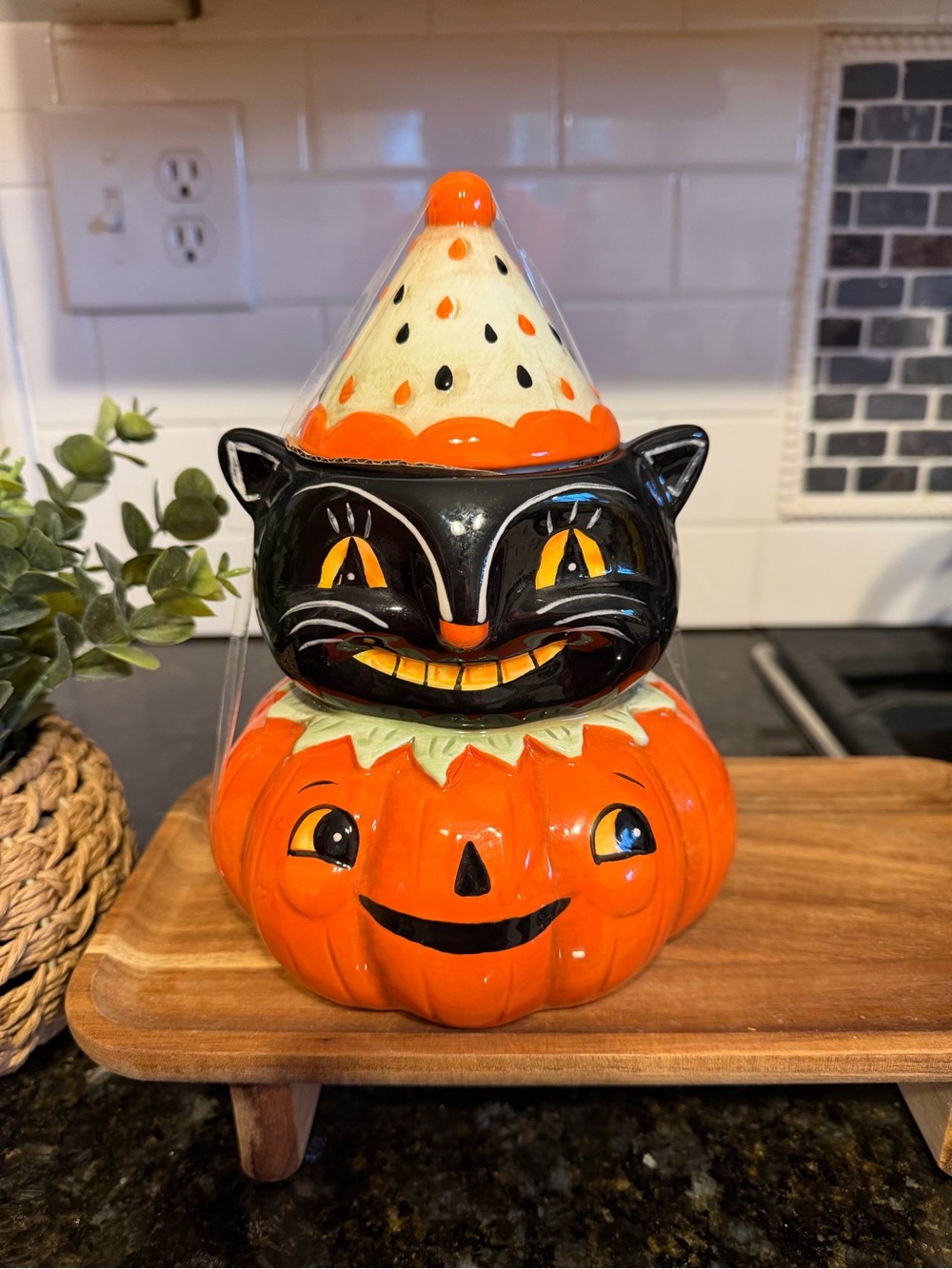 Johanna Parker Black Cat Pumpkin Canister with Party Hat